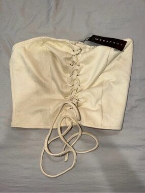 Lace-Up Cream Strapless Crop Top